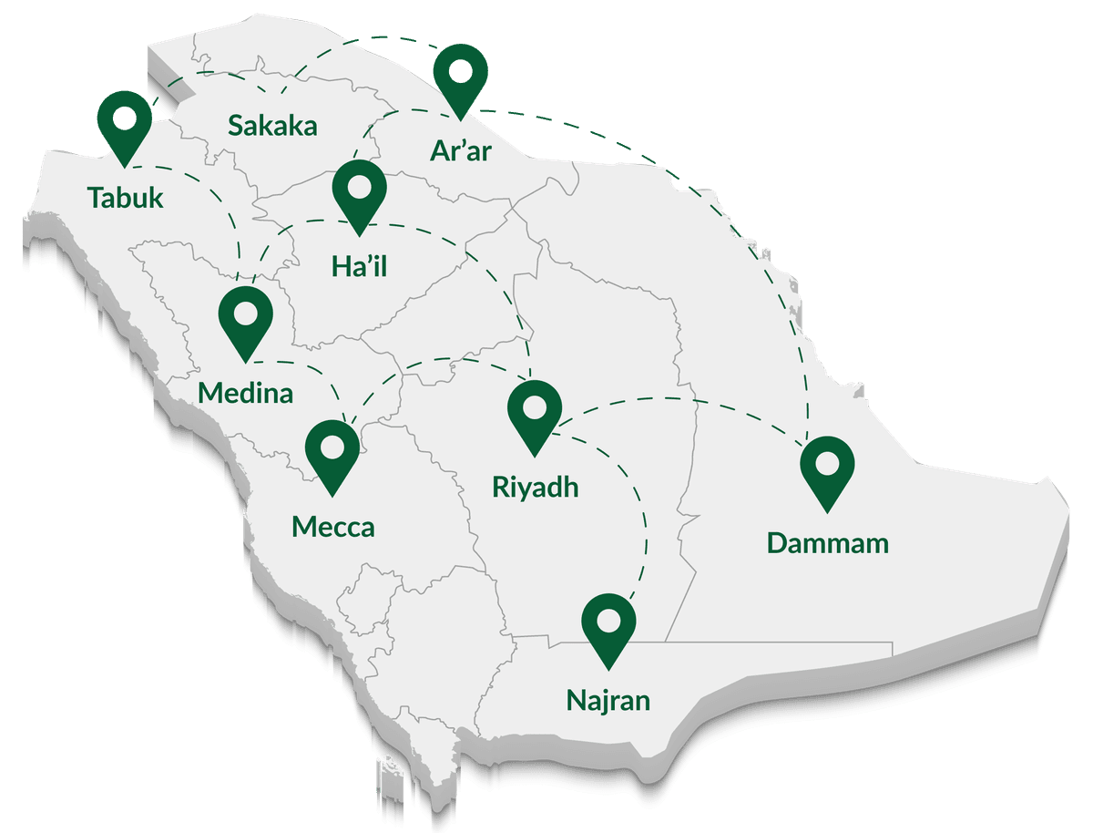Map of Saudi Arabia showing a distribution network across major cities